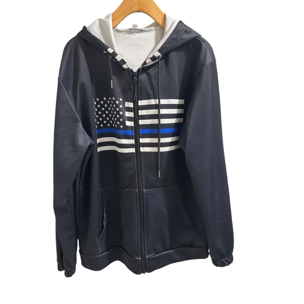 🍒 2/$20 🍒 Patriotic Black Hoodie With Thin Blue Line Flag Graphic Medium Size